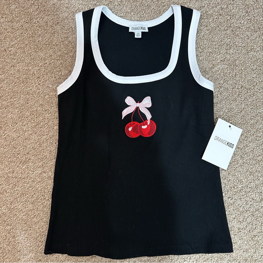 Source Unknown Black and White Tank Top with Cherry Design